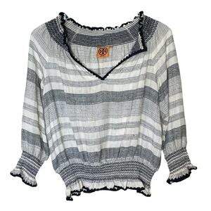Tory Burch Smocked Striped Peasant Blouse Top Blue White (M)